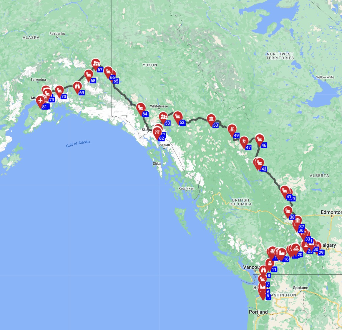 USA RV trip route planner from Seattle to Anchorage motorhome trip